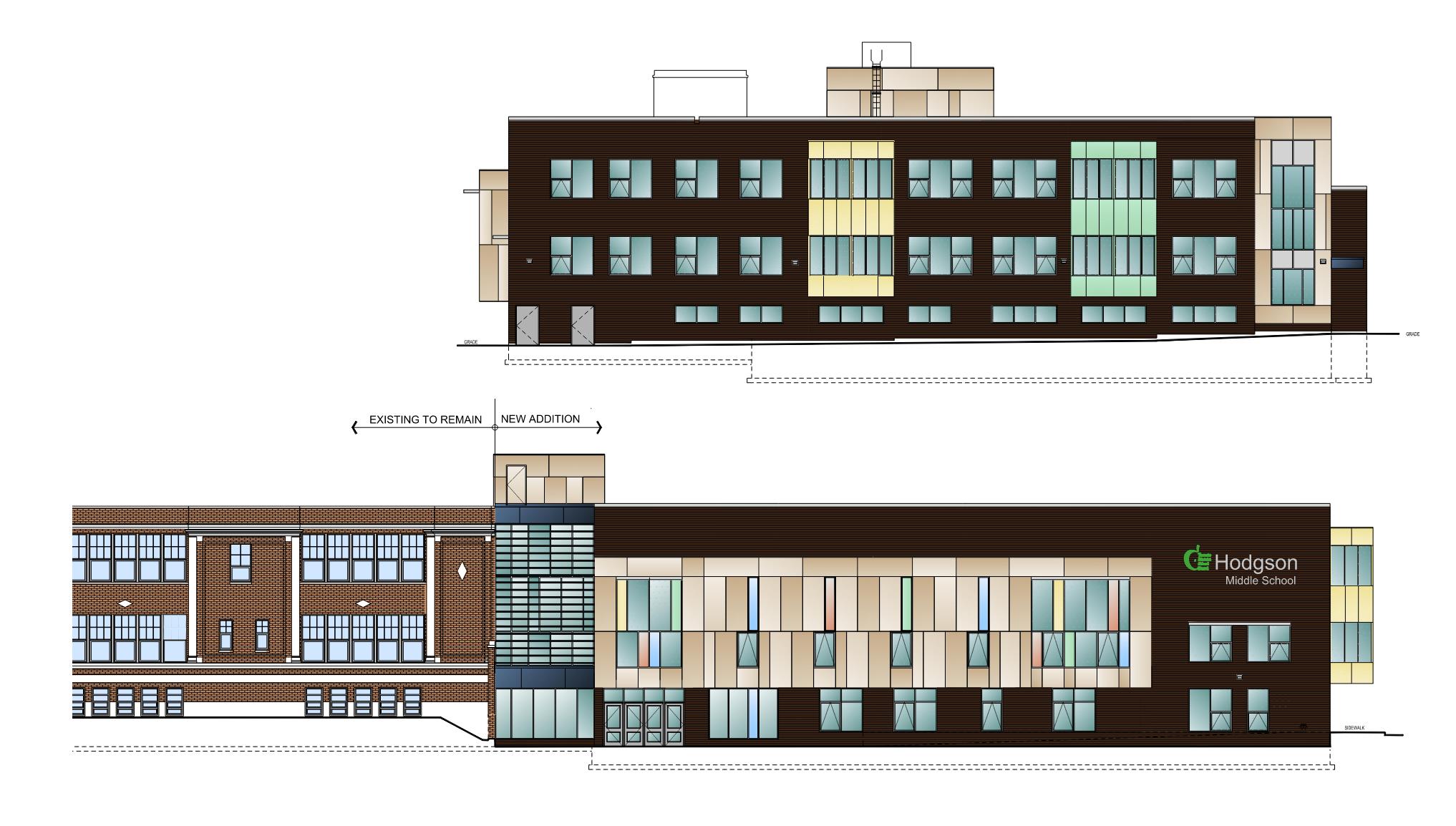 Elevation plan. Elevation at the top is depicting the east elevation of the school and the elevation at the bottom is depicting the south elevation. Open Gallery